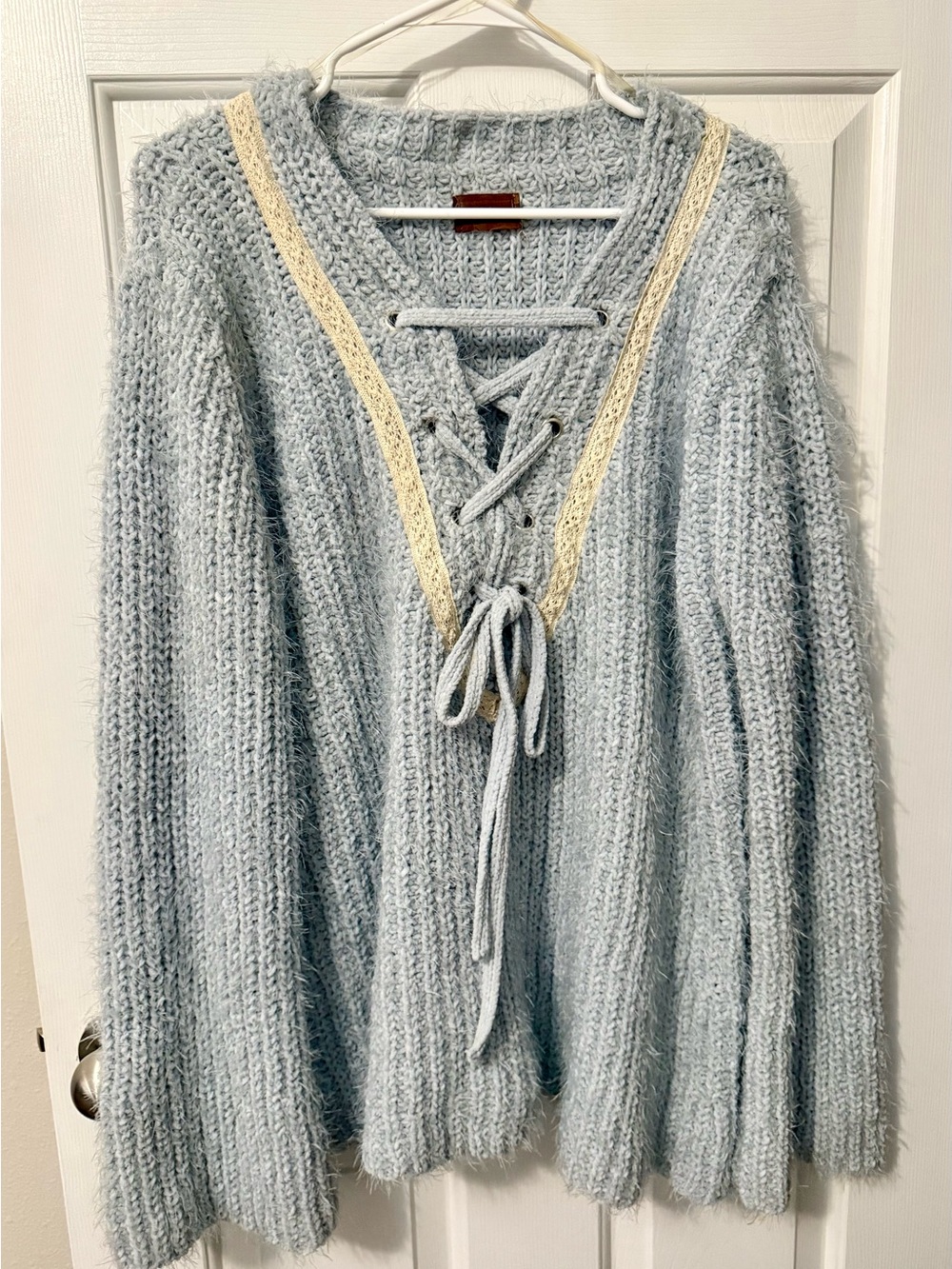 POL Light Blue Lace-Up Fuzzy Knit Sweater with Cream Trim